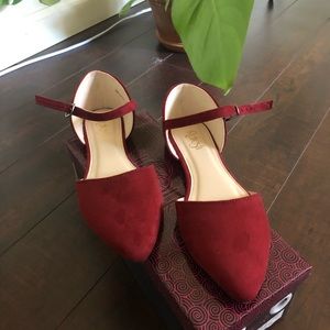 Ankle Strap Pointed Toe Flats - Dark Red Suede